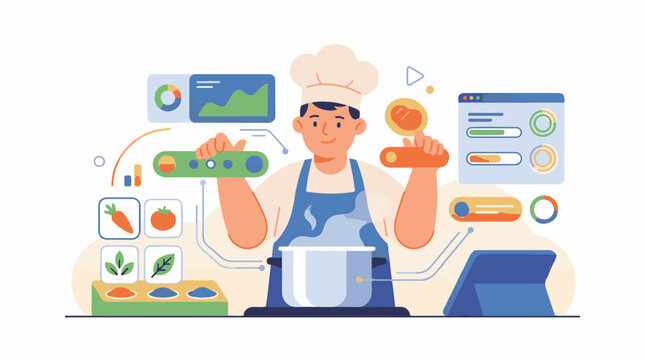 A chef holds up a carrot and meat patty surrounded by various kitchen and data analysis graphics