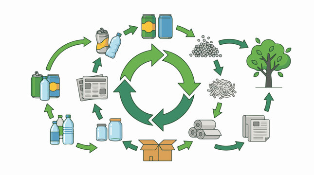 A circular green arrow illustrates recycling process from tree to various products