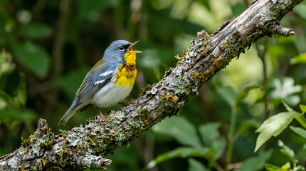 Obraz premium Cute bird perched on a mossy branch in the forest yellow and gray bird singing