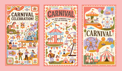 Obraz premium Colorful carnival posters with illustrations of rides and attractions on pink background