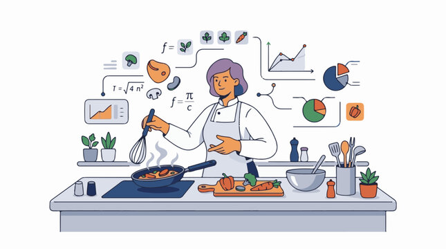 A chef cooks in a kitchen with various graphs and charts