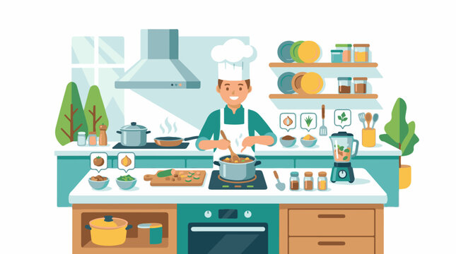 A cheerful man in a white chef's hat and apron cooks in a modern kitchen
