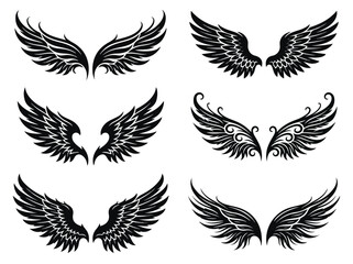 Fototapeta premium Collection of black angel wings with detailed feather designs in various styles and sizes for fantasy or costume themes