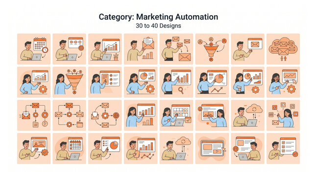 Marketing automation and digital sales funnel vector icon set with marketing automation business strategy campaign analytics management optimization conversion advertising customer