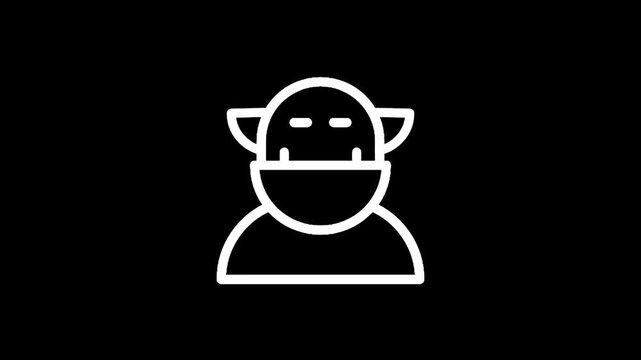 Stylized white line art icon of a creature with large ears and a mask on a black background