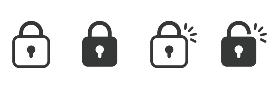Lock and unlock icon set, padlock open and closed security symbols, outline and filled style icons, access control and authentication, password privacy UI design elements vector