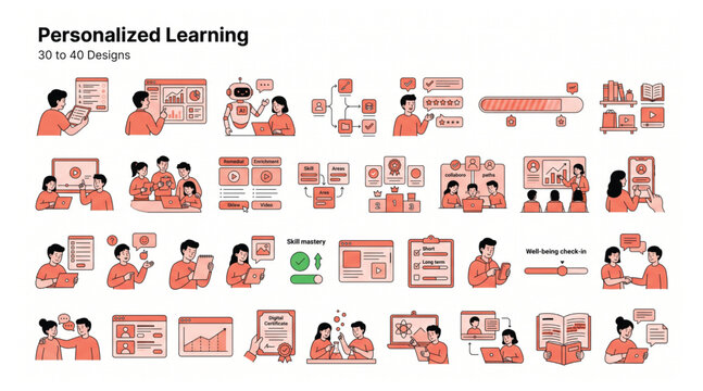 Personalized learning education technology icon set featuring online student tutoring and digital academic tools vector illustrations e learning education personalized students