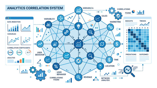 Analytics Correlation System Diagram: Data, Insights, Marketing, Sales, Revenue