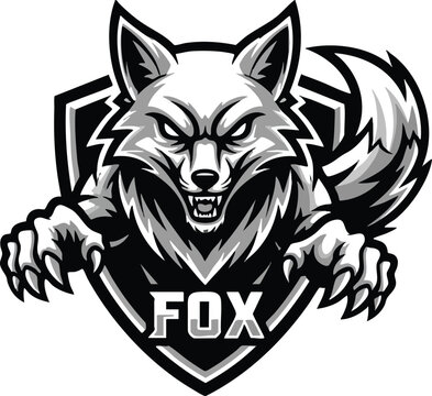 Furry gray fox head closeup logo.