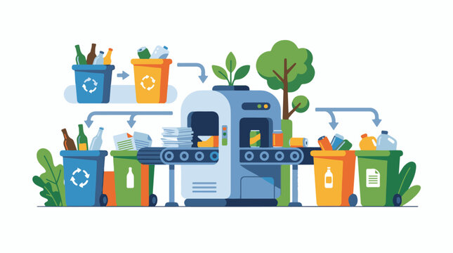 A colorful graphic illustrating a recycling process with bins and a recycling machine