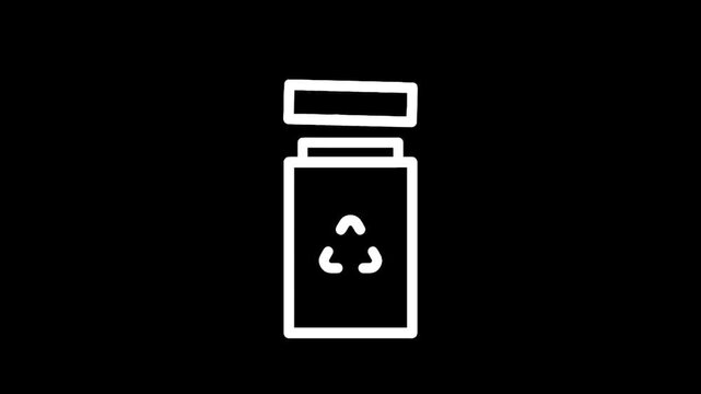 Simple white outline icon of a recycling bin with a lid and recycling symbol on black background