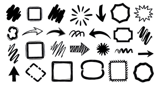 Collection of hand drawn graphic elements and symbols.