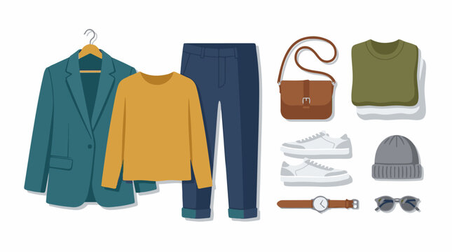 A colorful assortment of clothes and accessories on a white background