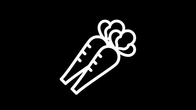 Simple white line art icon of two carrots on a black background