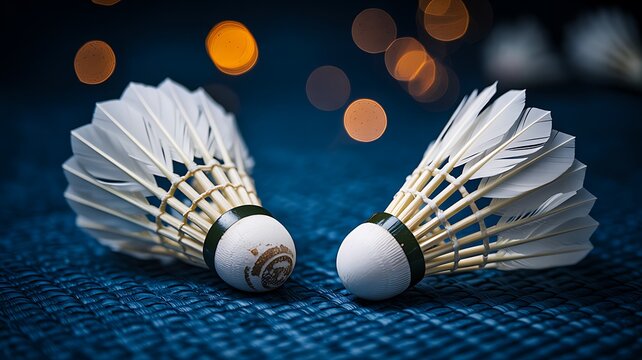 White badminton shuttlecocks on dark court with glowing bokeh lights