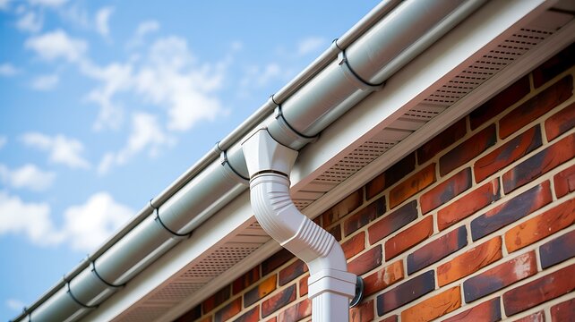 Modern rain gutter system installed on brick house exterior under blue sky