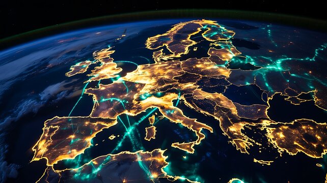 Illuminated Europe map at night showing digital connectivity and network infrastructure