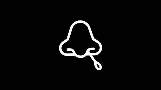 Simple white line art icon of a nose with a drip on a black background