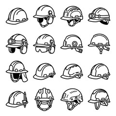 Fototapeta premium Black and white hard hat and safety helmet construction icon, perfect for industrial protection and worker headgear on a white background.