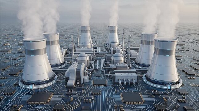 Nuclear power plant on circuit board for smart energy infrastructure and digital grid presentation