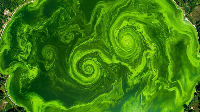 Abstract massive neon green algae bloom creating unique swirling vortex patterns in large lake photography