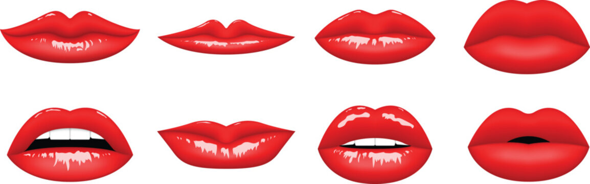 Set of beautiful red glossy lips isolated on a white background vector illustration.

Collection of female mouth expressions with red lipstick and different shapes for design.