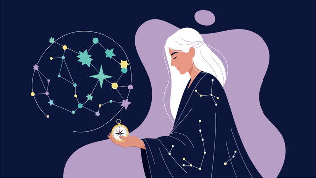 Female Astrologer with Long White Hair Studying Constellations Vector Illustration, Woman Looking at Pocket Compass, Celestial Astronomy and Zodiac Mystery Scene on Purple Background