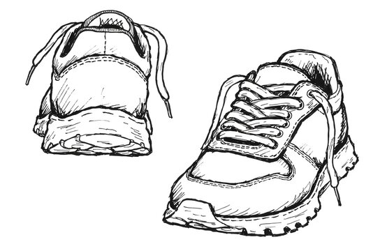 Sketch style sneakers with laces untied and pulled up