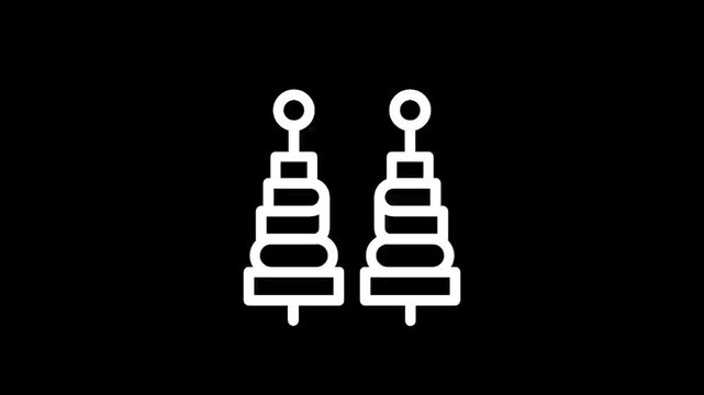 Simple white line art icon of stacked ring toy earrings on a black background