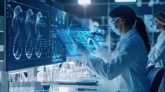Scientists in lab coats analyzing data on computer screens with graphs and charts displayed