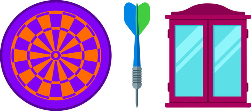 Darts Game Pub Sport Vector Icon Set with Purple and Orange Dartboard Blue Sharp Flight Arrow and Wooden Storage Cabinet Case Designs