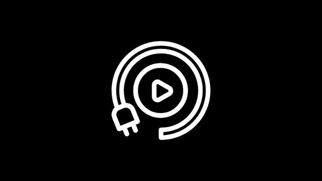 Play button icon with power plug and cable on black background