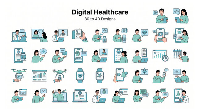 Digital healthcare vector icon collection featuring telemedicine medical apps and remote patient monitoring solutions healthcare medicine telemedicine technology hospital wellness treatment