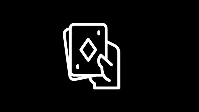 Hand holding playing cards, diamond symbol visible, minimalist white icon on black background
