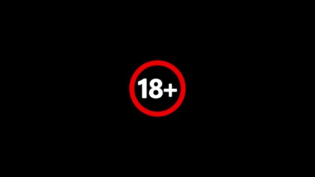 Animated 18+ icon on a black background, clearly marking content for viewers 18 and older, ideal for age-restricted websites or videos