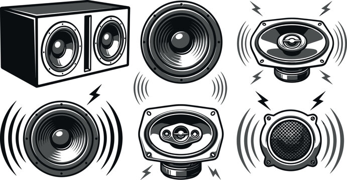 PrintAudio Speaker Icon Set with Loud Bass Subwoofers Sound System Elements Soundwaves and Lightning Bolts for Music Concerts and Event Designs
