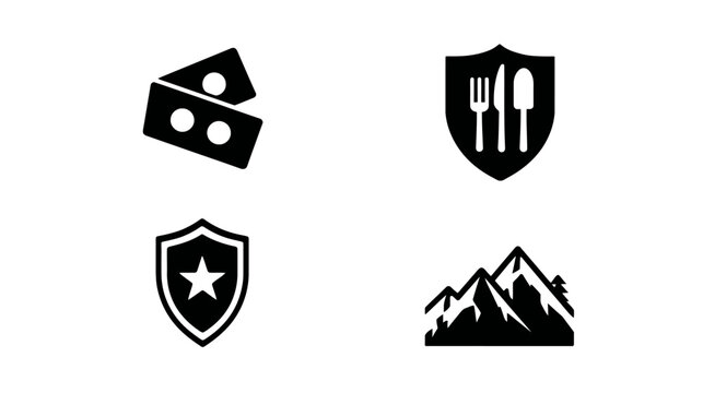 Black and white shield and mountain icon set