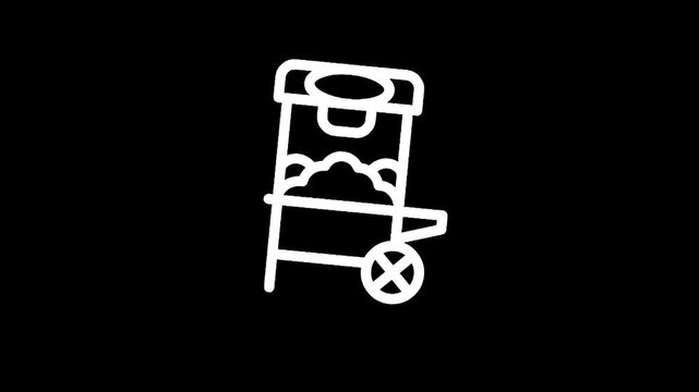 Simple white line art icon of a popcorn cart on a black background