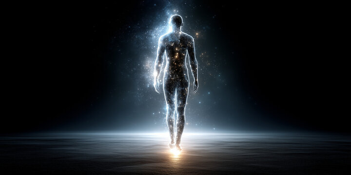 A cosmic human silhouette representing generative ai and the intersection of technology and humanity in a dark ethereal environment