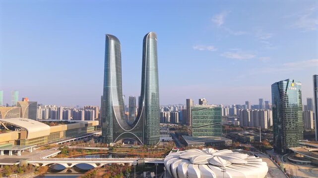 aerial view of modern downtown skyline of Qianjiang Century City, Hangzhou