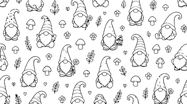 Whimsical gnome and mushroom pattern illustration.