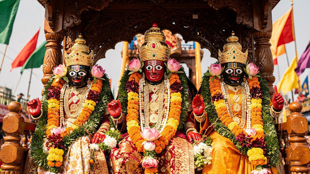 Jagannath baladeva subhadra rath yatra festival featuring deities with gold crowns and colorful floral garlands. Perfect for religious and cultural design projects.