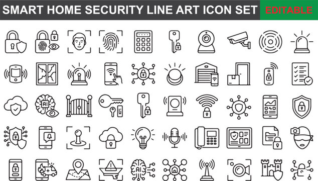 Smart home security line art icon set