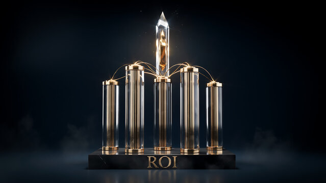 3D abstract financial growth concept illustration with transparent glass columns, golden connections, and crystal ROI pedestal.