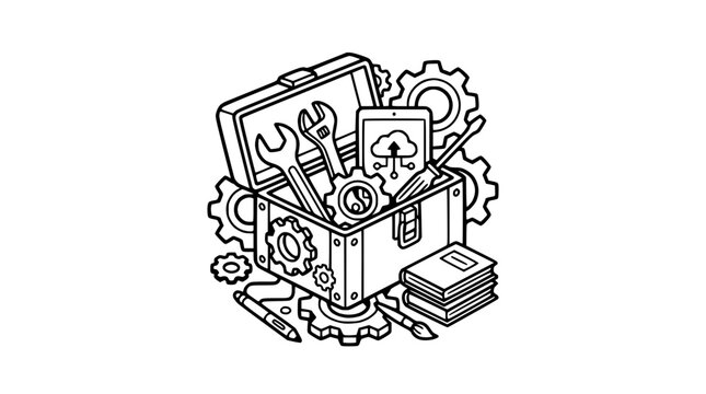 Cloud Computing Tools Toolbox with Gears and Tablet