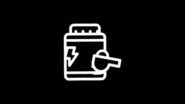 White outline icon of a supplement container with a scoop and lightning bolt symbol