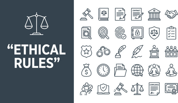 Ethical rules icons symbolize legal compliance and social justice.