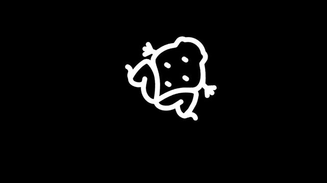 Simple white line drawing of a frog with spots on a black background
