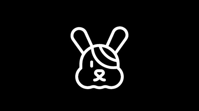 Minimalist white bunny rabbit icon with a patch over one eye on a black background