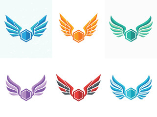 Naklejka premium Collection of six stylized wing emblems with hexagonal centers in vibrant assorted colors, representing achievement